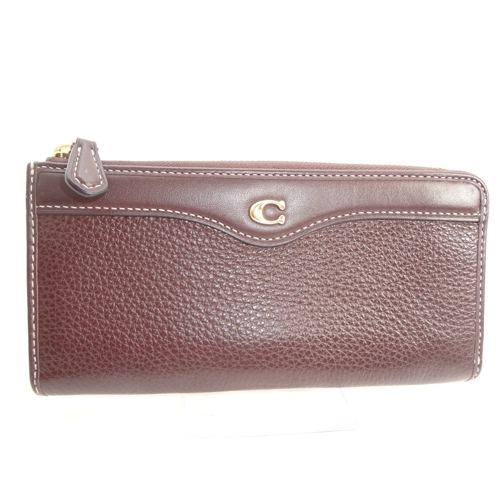 Coach Accordion Zip Wallet Dark Brown Pebbled Leather Gold C Logo